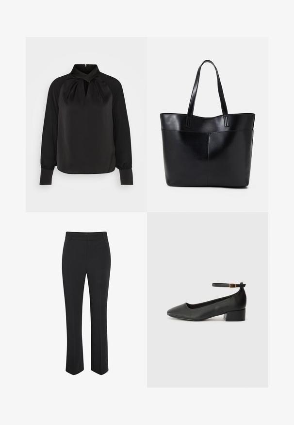 Musta satiinipaita, jossa on korkea kaulus, poimutettu yksityiskohta kaulassa ja pitkät hihat, joissa on kapeat hihansuut. Silkkinen rakenne, minimalistinen muotoilu.; Mustat räätälöidyt housut, jotka on valmistettu sileästä kankaasta, suoralinjaiset lahkeet ja vyötärö keskikorkea ilman lisäkoristeita tai kuvioita.; Mustat nahkakengät, joissa on terävä kärki ja matala lohkare korko. Varustettu nilkkahihnalla, jossa on kultasävyinen solki. Lisää sileä pinta.; Musta nahkainen kassi, jossa on kaksi pitkää kahvaa, sileä pinta ja jämäkkä muoto. Sisältää etutaskun lisävarastointia varten.; Hopeaketju, jossa on pyöreitä, kirkkaita jalokiviä asennettuna ympyrämuotoiseen muotoiluun, vuorotellen koristeellisten metallikoristeiden kanssa, sileä pinta.