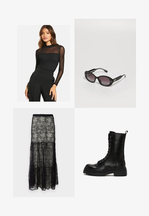 Czarna bluzka z długim rękawem o prążkowanej fakturze i przezroczystymi wstawkami z siateczki na ramionach. Połączona z czarnymi spodniami o podwyższonej talii.; Czarna koronkowa spódnica maxi z warstwowym designem, posiadająca elastyczny pas i kwiatowe wzory. Materiał jest przezroczysty o miękkiej teksturze.; Czarne skórzane buty wojskowe z wysoką cholewką, sznurowane z przodu, z wytrzymałą podeszwą o falistym krawędzi i pętelką z tyłu.; Czarne okulary przeciwsłoneczne z gradientowymi ciemnymi soczewkami, owalny kształt, błyszczące wykończenie, z wyraźnym logo z boku i srebrnymi akcentami.; Bordowa skórzana torebka o sztywnym kształcie, z krótkimi uchwytami, złotym prostokątnym zapięciem oraz odpinanym akcentem w postaci frędzla.