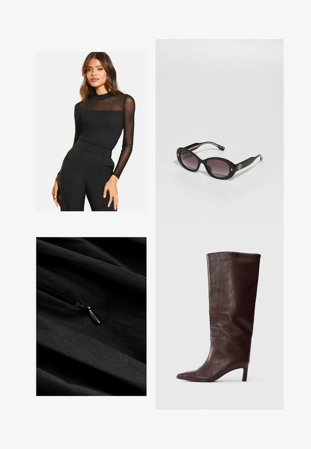 Zwarte langslavige top met een geribbelde textuur en doorschijnende mesh details op de schouders. Gecombineerd met zwarte hoge taille broek.; Zwarte stof met een gladde textuur en een zichtbare rits. De rits heeft een metalen trekker die subtiel opgaat in het donkere materiaal.; Hoge, donkerbruine leren laars met spitse neus en slanke, middelhoge hak op een effen witte achtergrond.; Zwarte zonnebril met een gradient donkere lenzen, ovale vorm, glanzende afwerking, voorzien van een opvallend logo aan de zijkant en zilveren accenten.; Bordeaux lederen handtas met een gestructureerd ontwerp, korte handvatten, een gouden rechthoekige sluiting en een afneembare kwastaccent.