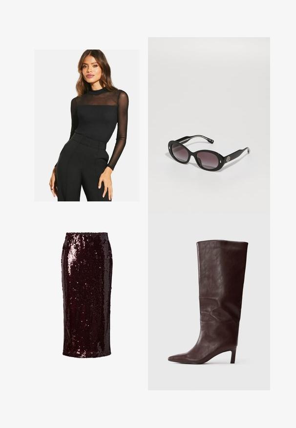 Zwarte langslavige top met een geribbelde textuur en doorschijnende mesh details op de schouders. Gecombineerd met zwarte hoge taille broek.; Bordeaux pailletten kokerrok met een getailleerde silhoutte, een gladde textuur, knie-lang, met een glanzend, reflecterend oppervlak en zonder zichtbare sluitingen.; Hoge, donkerbruine leren laars met spitse neus en slanke, middelhoge hak op een effen witte achtergrond.; Zwarte zonnebril met een gradient donkere lenzen, ovale vorm, glanzende afwerking, voorzien van een opvallend logo aan de zijkant en zilveren accenten.; Bordeaux lederen handtas met een gestructureerd ontwerp, korte handvatten, een gouden rechthoekige sluiting en een afneembare kwastaccent.