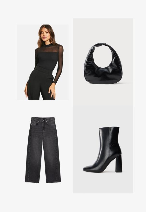 Černý top s dlouhým rukávem, ribovanou texturou a průhlednými síťovými detaily na ramenou. V kombinaci s černými kalhotami s vysokým pasem.; Černé džíny s vysokým pasem a širokými nohavicemi s bledým vzhledem. Mají zapínání na knoflík vpředu a pět kapes, s viditelnými detaily šití.; Černé kožené kotníkové boty do poloviny lýtek s špičatou špičkou a silným vysokým podpatkem, zobrazené z boku na čistém bílém pozadí.; Černá kabelka z umělé kůže s jedinečným půlměsíčkovým tvarem, širokým polstrovaným držadlem a zipovým zavíráním. Hladký, lesklý povrch, minimalistický design.