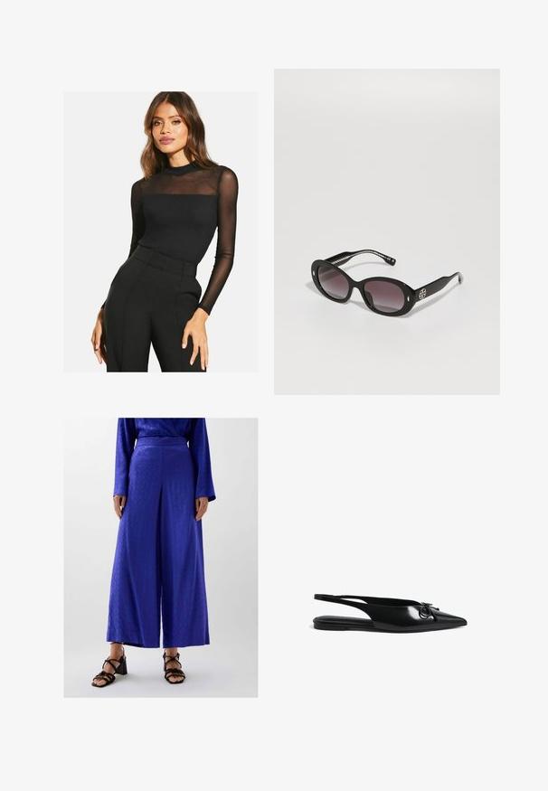 Musta pitkähihainen paita, jossa on ribbikuvio ja läpinäkyvät verkkoalueet hartioilla. Yhdistetty korkeavyötäröisten mustien housujen kanssa.; Leveled trousers dalam kain biru cerah yang menampilkan pola halus, dengan pinggang datar dan dipasangkan dengan sandal blok bertumit hitam berstraps.; Musta lakattu nahkainen slingback-tasapohjakenkä, jossa on terävä kärki, pyöreä yksityiskohta ja kapeat hihnat varmasta istuvuudesta. Sileä kiiltävä pinta.; Mustat aurinkolasit, joissa on tummansävyinen harmaa linssi, ovaali muoto, kiiltävä pinta, ja joissa on näkyvä logo sivussa sekä hopeiset yksityiskohdat.; Maran ko leather-käsivarjo, jolla on jäsennelty muotoilu, lyhyet kahvat, kultainen suorakulmainen lukko ja irrotettava tupsuakor.