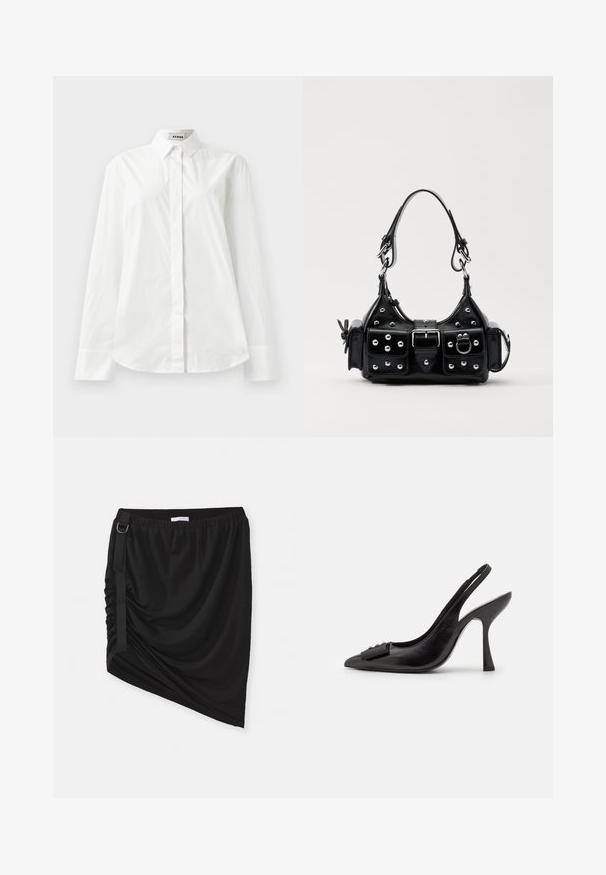 Cămașă albă din bumbac cu mâneci lungi, guler ascuțit, închidere cu nasturi în față și tiv rotunjit. Textură netedă, croială standard și fără modele.; Fustă neagră, cu un design ruched, realizată dintr-un material moale, cu un tiv asimetric și o curea laterală cu detaliu din metal în formă de inel.; Pantofii slingback din piele neagră, cu vârf ascuțit, toc subțire și un accent decorativ sub formă de fundiță. Textură netedă și design elegant.; Geantă de piele neagră cu un design curbat, dotată cu studuri argintii, o cataramă și două buzunare laterale. Curea ajustabilă pentru opțiuni de transport.