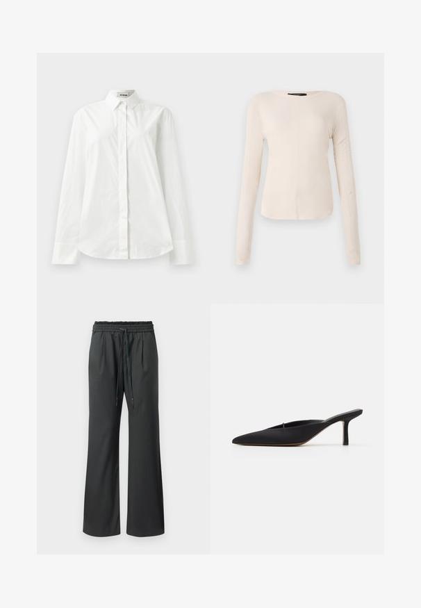 Witte katoenen blouse met lange mouwen, een puntkraag, knoopsluiting aan de voorkant en een afgeronde zoom. Gladde textuur, normale pasvorm en geen patronen.; Langsleeve, lichtbeige top met een ronde halslijn. Gemaakt van zachte stof, heeft een centrale naad en een iets gebogen rand. Geen zichtbare hardware.; Zwarte wijde broek met elastieken tailleband en lange trekkoorden, weergegeven tegen een plain witte achtergrond.; Zwarte muiltje met spitse neus en een strak ontwerp, gemaakt van gladde stof, met een slanke hak en open achterkant voor gemakkelijk aan- en uittrekken.