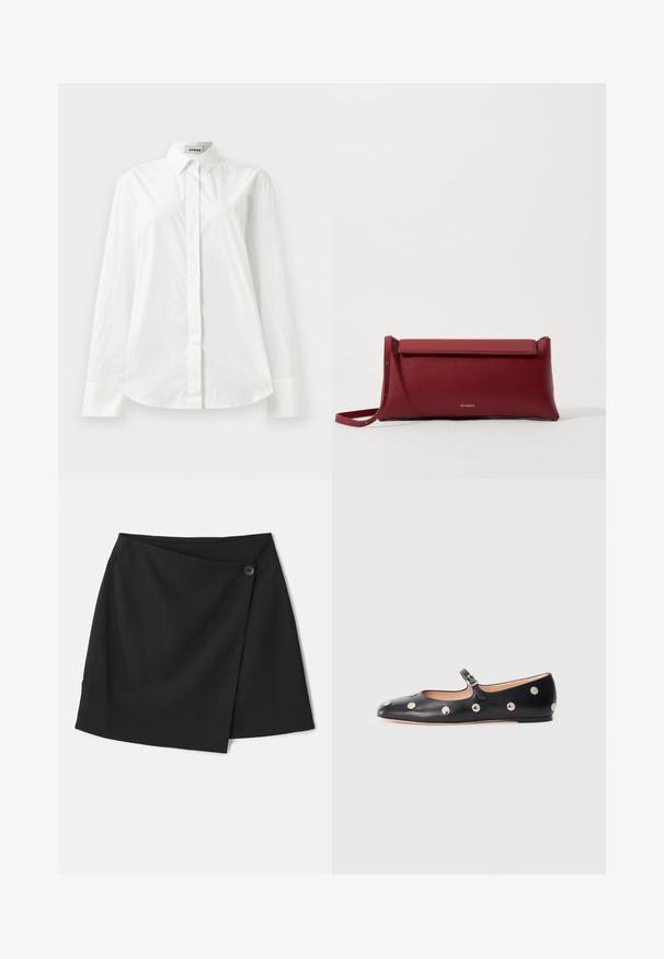 Biela bavlnená košeľa s dlhým rukávom, s špicatým golierom, zapínaním na gombíky a zakulateným lemom. Hladká textura, bežný strih a bez vzorov.; Čierny bezrukávový top vyrobený z jemnej bavlny. Má okrúhly výstrih a štandardný lem. Jednoduchý dizajn, žiadne viditeľné vzory ani akcenty.; Čierna obálková sukňa s hladkým textúrovaním, asymetrickým dizajnom a bočným zapínaním na gombík pre väčšiu detailnosť.; Čierne kožené baleríny typu Mary Jane s okrúhlou špičkou, so striebornými kruhovými cvokmi a nastaviteľným remienkom so sponou.; Červená kožená klúčenka s textúrovaným povrchom, má plochý preklápací vrch a krátky popruh. Na prednej strane je jemné logo značky.