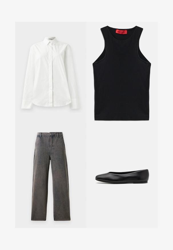 Camisa de algodón blanca de manga larga con collar puntiagudo, cierre frontal de botones y dobladillo redondeado. Textura suave, corte regular y sin patrones.; Top sin mangas negro hecho de algodón suave. Presenta un escote redondo y un dobladillo estándar. Diseño simple, sin patrones ni acentos visibles.; Pantalones de pierna ancha en una tela gris desgastado, con cierre de botón, trabillas para cinturón y bolsillos laterales con una textura sutil.; Paul Smith TOPANGA - Bailarinas - black