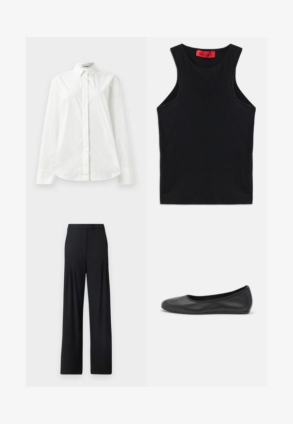 White cotton long-sleeve shirt with a pointed collar, button-front closure, and rounded hem. Smooth texture, regular fit, and no patterns.; Black sleeveless top made from soft cotton. Features a round neckline and standard hem. Simple design, no visible patterns or accents.; Black wide-leg trousers featuring a flat front, pleats, and a tailored waistband. Made from smooth, lightweight fabric.; Black leather ballet flat with a rounded toe, smooth texture, minimal stitching detail, and a flexible sole design.
