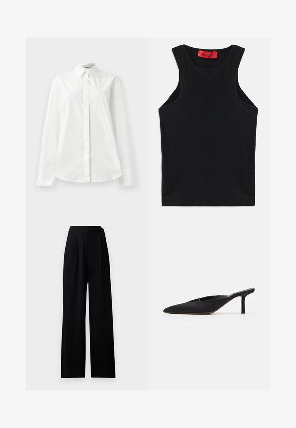Witte katoenen blouse met lange mouwen, een puntkraag, knoopsluiting aan de voorkant en een afgeronde zoom. Gladde textuur, normale pasvorm en geen patronen.; Zwarte mouwloze top van zachte katoen. Heeft een ronde halslijn en een standaard zoom. Eenvoudig ontwerp, geen zichtbare patronen of accenten.; Zwarte wijde broeken gemaakt van zachte stof, met een hoge tailleband en een bijpassende strikriem, met een gladde textuur en zonder zichtbare patronen.; Zwarte muiltje met spitse neus en een strak ontwerp, gemaakt van gladde stof, met een slanke hak en open achterkant voor gemakkelijk aan- en uittrekken.