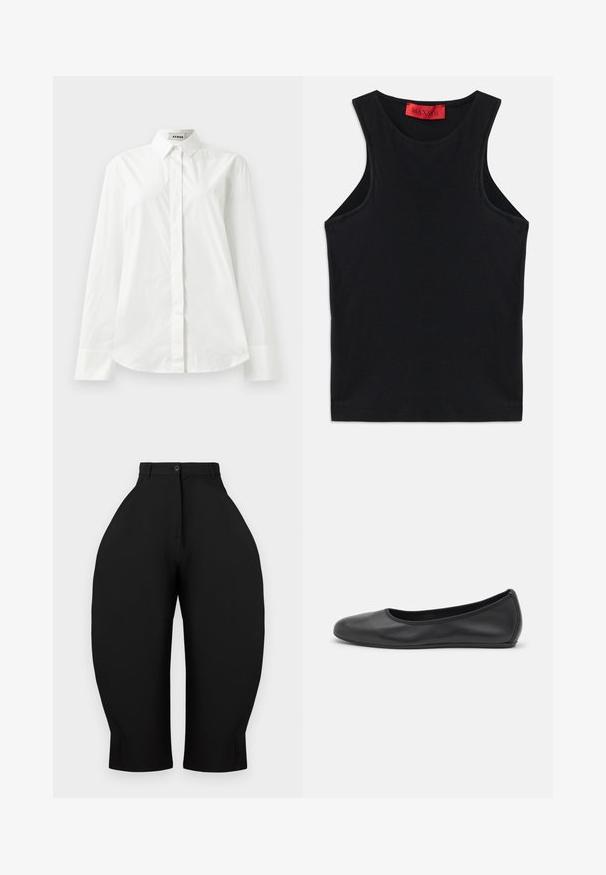 Biała bawełniana koszula z długim rękawem, z wyostrzonym kołnierzykiem, zapinana na guziki z przodu i zaokrąglonym dołem. Gładka faktura, regularny krój i brak wzorów.; Czarny bezrękawnik wykonany z miękkiej bawełny. Ma okrągły dekolt i standardowy dół. Prosty design, brak widocznych wzorów lub akcentów.; Czarne spodnie o wysokim stanie z szerokimi, zwężającymi się nogawkami. Wykonane z gładkiego materiału, z zapięciem na guzik i bez widocznych kieszeni.; Czarne skórzane baletki z zaokrąglonym noskiem, gładką fakturą, minimalnymi przeszyciami i elastycznym designem podeszwy.