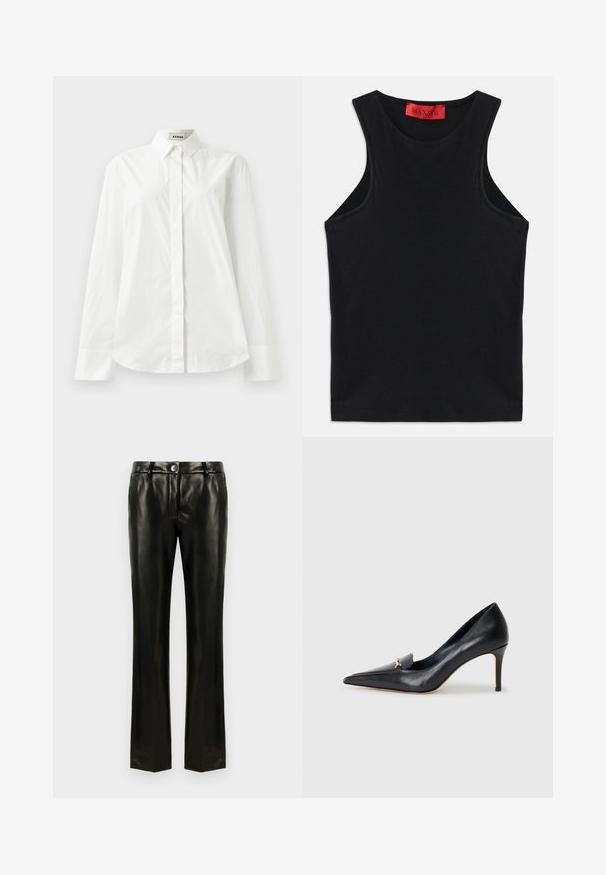 Witte katoenen blouse met lange mouwen, een puntkraag, knoopsluiting aan de voorkant en een afgeronde zoom. Gladde textuur, normale pasvorm en geen patronen.; Zwarte mouwloze top van zachte katoen. Heeft een ronde halslijn en een standaard zoom. Eenvoudig ontwerp, geen zichtbare patronen of accenten.; Zwarte neplederen broek met rechte pijpen, voorzien van knoop- en ritssluiting, riemlussen en zijzakken, gepresenteerd tegen een witte achtergrond.; Zwarte leren pump met een spitse neus, lage vamp en een decoratieve gouden accent. Voorzien van een stilettohak en een gladde textuur.