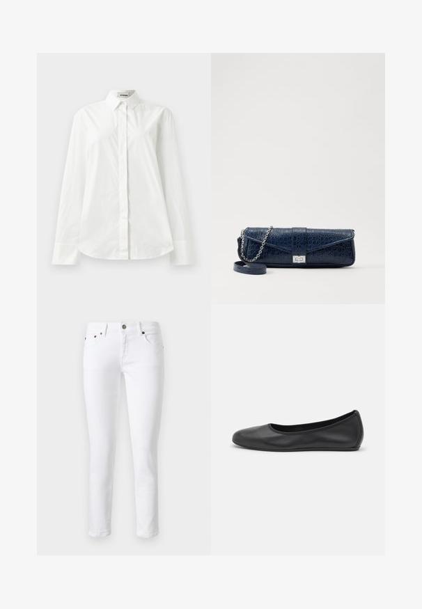 Valge puuvillane pikkade varrukatega särk terava krae, nööbiga esise sulgemise ja ümarate äärtega. Sile tekstuur, regulaarne lõike ja ilma mustriteta.; Valged teksad kitsaste lõigetega, viie-taskuga disain, nupuga kinnitamine ning peened õmbluse detailid ees- ja tagaääres.; Musthave mustika tantsutossud mustast nahast, ümmarguse varbaga, siledast tekstuurist, minimaalse õmblusdetailiga ja paindliku tallakujundusega.; Tumehall nahast klamber krokodillitekstuuriga, hõbedane kettrihm ja metallist lukk. Ruutuline kuju volditava disainiga.