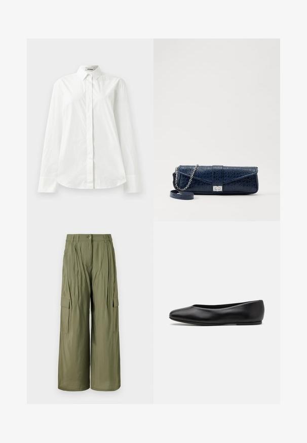 White cotton long-sleeve shirt with a pointed collar, button-front closure, and rounded hem. Smooth texture, regular fit, and no patterns.; Olive green wide-leg cargo pants with front pleats, side pockets, and button closure. Smooth texture, lightweight fabric.; Paul Smith TOPANGA - Ballet pumps - black; Navy blue leather clutch with a crocodile texture, silver chain strap, and metallic clasp. Rectangular shape with foldover design.