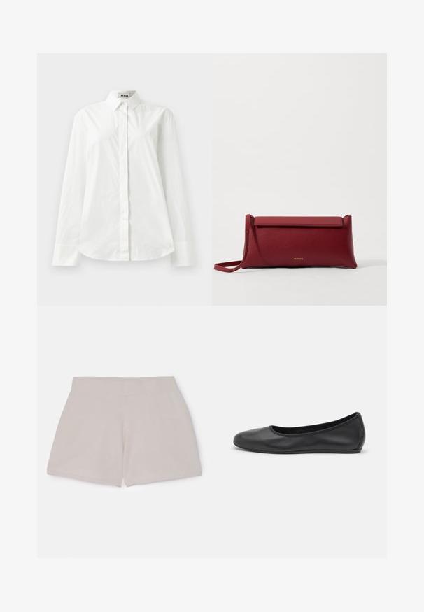 Camisa de algodón blanca de manga larga con collar puntiagudo, cierre frontal de botones y dobladillo redondeado. Textura suave, corte regular y sin patrones.; Pantalones cortos de algodón beige con cintura elástica y acabado texturizado, con corte recto y sin bolsillos ni detalles visibles.; Bailarina de piel negra con punta redondeada, textura suave, detalle de costura minimalista y diseño de suela flexible.; Bolso de mano de cuero rojo con un acabado texturizado, que presenta una parte superior plana y un asa corta. Sutil logo de la marca en la parte frontal.