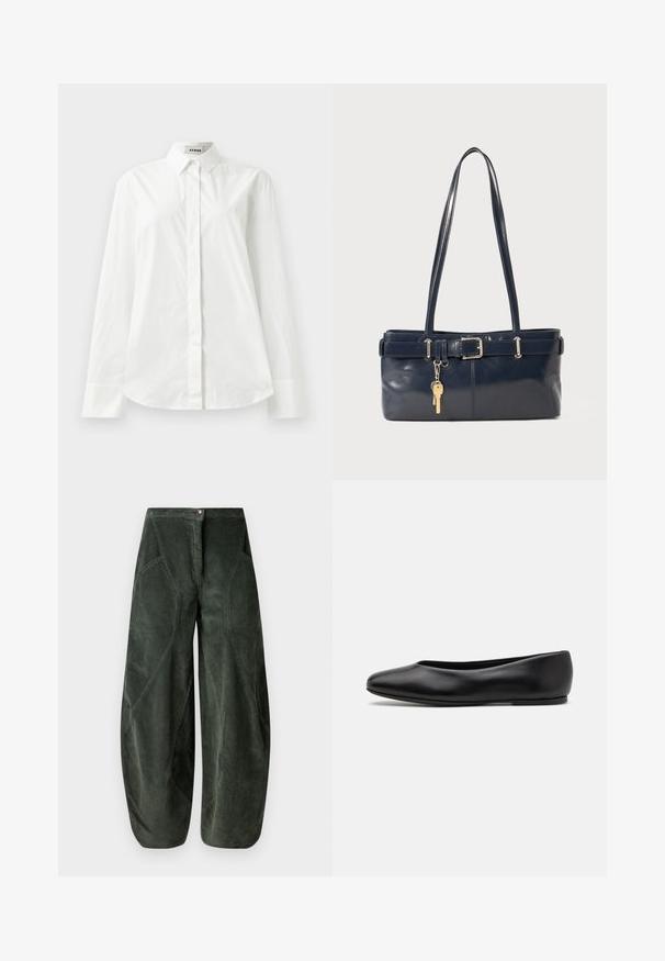 White cotton long-sleeve shirt with a pointed collar, button-front closure, and rounded hem. Smooth texture, regular fit, and no patterns.; Wide-legged pants in dark green corduroy fabric, featuring a button closure and angled side pockets with a textured, ribbed pattern.; Paul Smith TOPANGA - Ballet pumps - black; Navy leather handbag with two long handles, a buckle detail, and a keychain attached. Features a smooth texture and a rectangular shape.