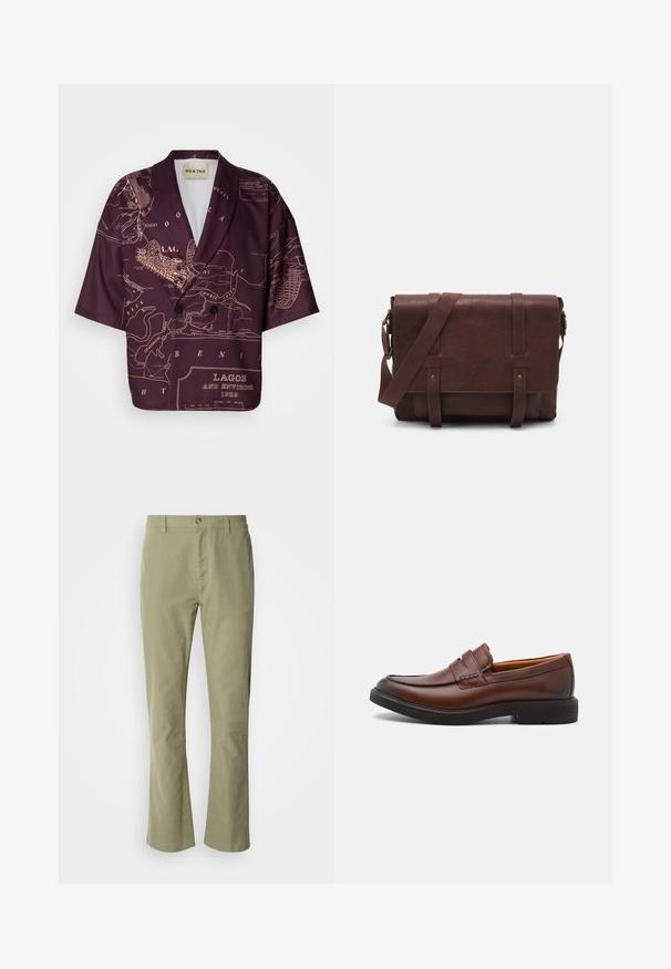 Blazer a maniche corte in un profondo bordeaux con stampa della mappa di Lagos. Caratterizzato da un colletto a labbro, chiusura a doppio bottone e una superficie in tessuto liscia.; Pantaloni in cotone verde chiaro con taglio dritto, caratterizzati da una chiusura frontale con bottone e una leggera texture. Nessun motivo o accento visibile.; Mocassini in pelle marrone con punta arrotondata, cuciture decorative e suola in gomma nera. Texture liscia e dettagli di design minimi.; Borsa a tracolla in pelle marrone con un davanti piatto, due cinghie, dettagli in metallo dorato e una tracolla regolabile.