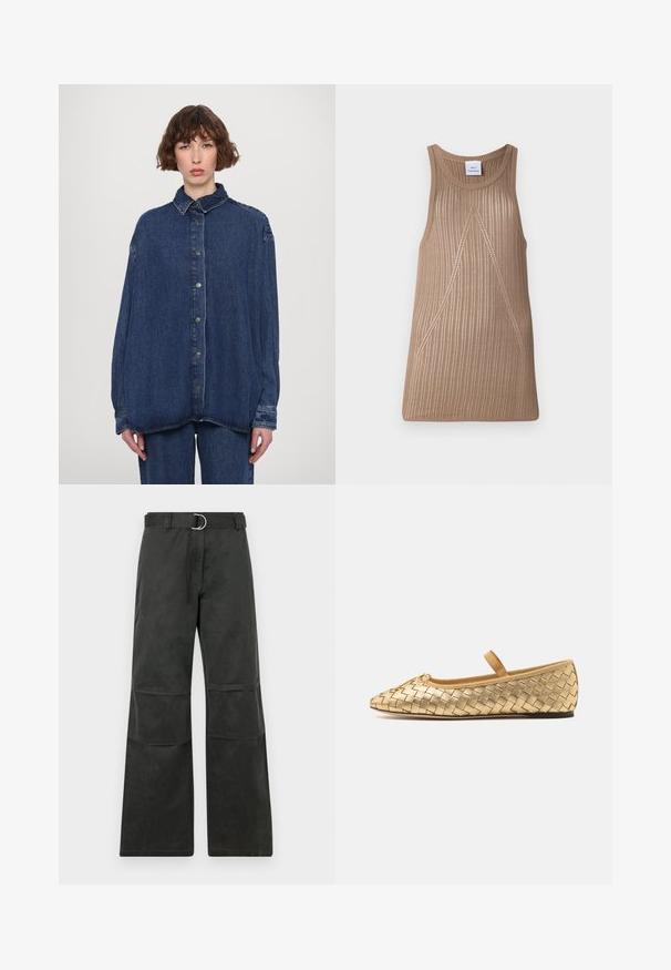 Kék farmer oversized ing gallérral, elülső gombokkal és hosszú ujjakkal. Lazább szabású, finoman elhalványult textúrával rendelkezik.; V krémszínű, ujjatlan kötött felső, bordázott textúrával, A-vonalú fazonnal és finom átlós varrási részletekkel.; Fekete, bő szárú nadrág közepes derékkal, ezüst színű kör alakú csattal ellátott övvel, térd foltokkal részletezve.; Loeffler Randall LEONIE SOFT BALLET FLAT - Bokapántos balerina cipők - gold