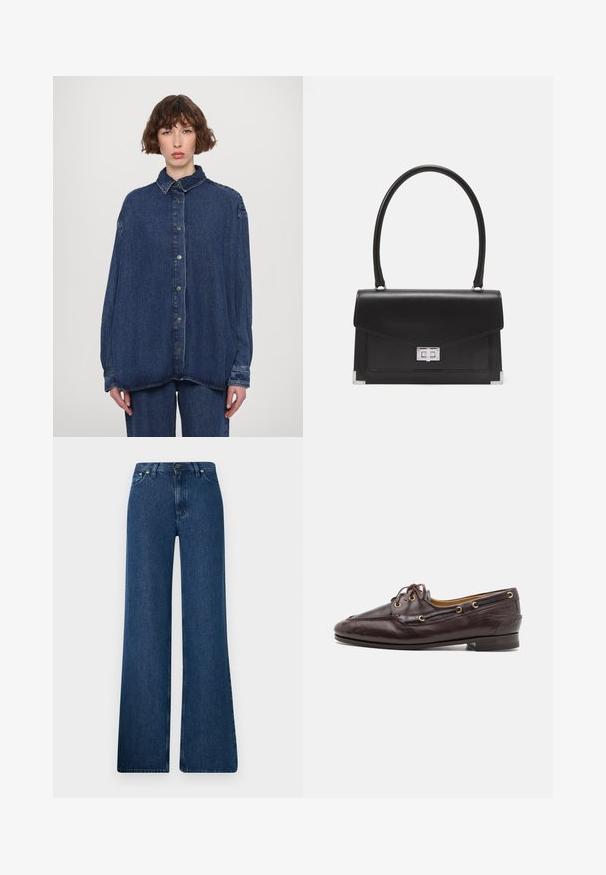 Kék farmer oversized ing gallérral, elülső gombokkal és hosszú ujjakkal. Lazább szabású, finoman elhalványult textúrával rendelkezik.; Kék farmer, bővülő szárú, magas derekú nadrág, öt zsebes kialakítással és fém gombos záródással. Simaság, hétköznapi stílus és minimális varratok jellemzik.; Barna bőr mokaszinek struktúrált dizájnnal, arany fémlyukakkal és fűzőkkel. Alacsony sarkú, részletes varrással a lábfejen.; Fekete bőrtáska strukturált dizájnnal, felső fogantyúval és ezüst csattal. Sarokkiemelésekkel és sima textúrával rendelkezik.