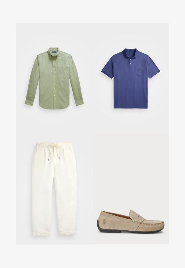 Lys grønn langermet skjorte med knapper, som har en spiss krage, et lite brodert logo på brystet og perleknapper.; Lilla polo-skjorte laget av bomull, med en tre-knapps placket, kortermede ermer, og en brystlomme med rødt logo-broderi.; Lys kremfargede, casual bukser laget av mykt stoff. Har elastisk midjebånd med snøring, og en tapered ben-design.; Beige mokasiner i semsket skinn med en sydd detalj, flat gummisåle og en liten logo på siden. Klassisk slip-on-design, myk tekstur.