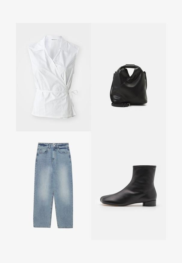 Top sin mangas blanco confeccionado en algodón. Presenta un cuello puntiagudo, detalle de lazo lateral y un corte ligeramente holgado que se ajusta en la cintura.; Jeans de denim azul claro con un corte holgado, diseño de pierna recta, cinco bolsillos y cierre de botón en la cintura. Textura suave.; MM6 Maison Margiela BOOT - Botines - black; Bolso de cuero negro y suave con un diseño retorcido único. Presenta un asa corta y una correa de hombro desmontable. Estilo minimalista.