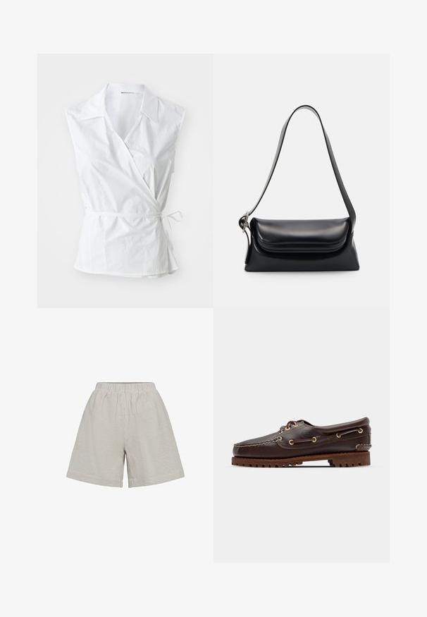 Top sin mangas blanco confeccionado en algodón. Presenta un cuello puntiagudo, detalle de lazo lateral y un corte ligeramente holgado que se ajusta en la cintura.; Bermudas de cintura elástica en una tela beige claro con un sutil patrón a rayas. El diseño presenta piernas sueltas y una textura suave.; Zapato náutico de cuero marrón con ojales dorados, cordones redondos y suela de goma marrón texturizada. Presenta detalles de costura y un logotipo elevado.; Bolso de piel negra con una forma estructurada, una textura suave y una sola correa para el hombro. Presenta un diseño de tapa sutil y redondeado.; Reloj de cuarzo Casio plateado con esfera rectangular, displays analógico y digital, pulsera de acero inoxidable y características de resistencia al agua.