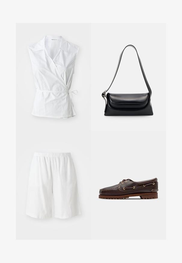 Top sans manches blanc en coton. Présente un col pointu, un détail de lien sur le côté et une coupe légèrement ample qui se resserre à la taille.; Shorts en lin blanc avec une taille élastique, offrant une coupe décontractée et une texture lisse. Aucun poche ni embellissement visible.; Bateau en cuir marron avec des œillets dorés, des lacets ronds et une semelle en caoutchouc marron texturée. Présente des détails de couture et un logo en relief.; Sac à main en cuir noir avec une forme structurée, une texture lisse et une seule bandoulière. Présente un design de rabat arrondi et subtil.; Montre à quartz Casio argentée avec un cadran rectangulaire, affichages analogiques et numériques, bracelet en acier inoxydable et caractéristiques de résistance à l'eau.