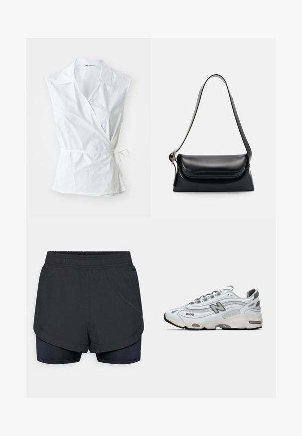 White sleeveless wrap top made from cotton. Features a pointed collar, side tie detail, and a slightly loose fit that gathers at the waist.; Black athletic shorts with an outer layer featuring a fitted inner liner. The waistband is elastic and the fabric appears lightweight and smooth.; White athletic sneaker with gray accents, mesh and synthetic materials, wave design, padded collar, and rubber sole with black tread.; Black leather handbag with a structured shape, a smooth texture, and a single shoulder strap. Features a subtle, rounded flap design.; Silver Casio quartz watch with rectangular face, analog and digital displays, stainless steel bracelet, and water-resistant features.