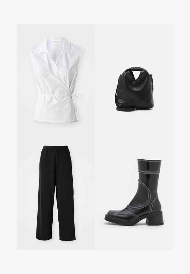 Bijela bezrukavna omotana bluza napravljena od pamuka. Ima šiljasti ovratnik, detalj s bočnim vezanjem i pomalo slobodan kroj koji se skuplja u struku.; Crne hlače širokog kroja od mekog materijala, s elastičnom gumicom u struku i bez vidljivih džepova. Glatka tekstura s opuštenim fitom.; Crne lakirane gležnjače s bijelim šavovima, zaobljenim vrhom i blok petom. Imaju zakrivljene dizajnerske linije i glatku teksturu.; Crna, meka kožna torba s jedinstvenim uvijenim dizajnom. Ima kratku ručku i odvojivi naramenicu. Minimalistički stil.