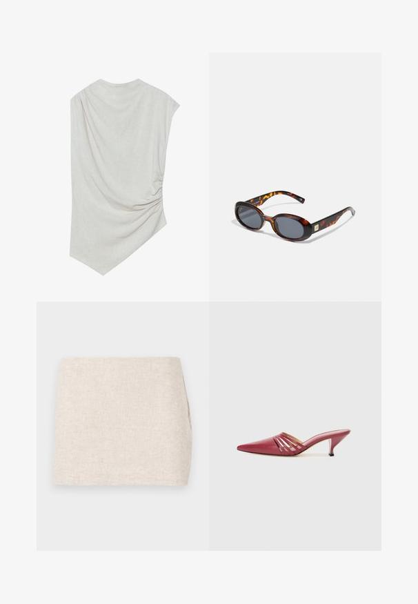 Svijetlosmeđi top s okruglim izrezom, asimetričnom rubom i nabranim detaljima s jedne strane. Izrađen od mekog, teksturiranog materijala.; Bež suknja od platna minimalističkog dizajna, s glatkom teksturom i suptilnim tkanjem. Ima ravno, jednostavno krojenje bez vidljivih kopčanja.; Crvene kožne mule sa špicastim vrhom i niskom petom, s urezanim detaljima sa strane i glatkom teksturom. Elegantni i profinjeni dizajn.; Smeđe kornjačine naočale s ovalnim lećama i tamno sivoj nijansi. Imaju zlatni naglasak na ručkama. Glatka plastična tekstura.; Zlatna spiralna ogrlica na finom lancu, uparena s teksturiranim narukvicama u bijeloj i krem boji, nosi se s svijetlosivim odjevnim predmetom.