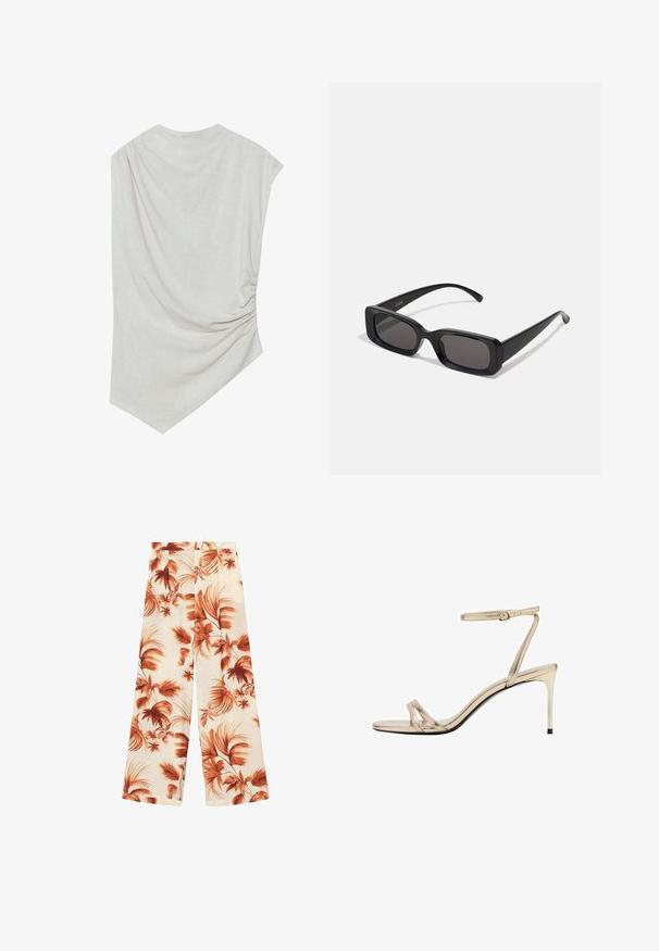 Helles beiges Oberteil mit einem runden Ausschnitt, asymmetrischem Saum und Raffungen auf einer Seite. Aus einem weichen, strukturierten Stoff gefertigt.; Weite Hosen aus einem leichten Stoff, mit einem cremefarbenen Grund und großen, rostfarbenen Blättern sowie einer glatten Oberfläche.; Goldene metallische High Heels Sandale mit einem dünnen Riemen um den Knöchel, offener Zehenpartie und schlanken Kreuzriemen. Glänzende Oberfläche mit schwarzem Sohle.; Schwarze rechteckige Sonnenbrille mit dunklen Gläsern, glänzender Oberfläche, breiten Bügeln und einem klobigen Rahmen-Design. Gravierter Markenname auf einem Bügel.