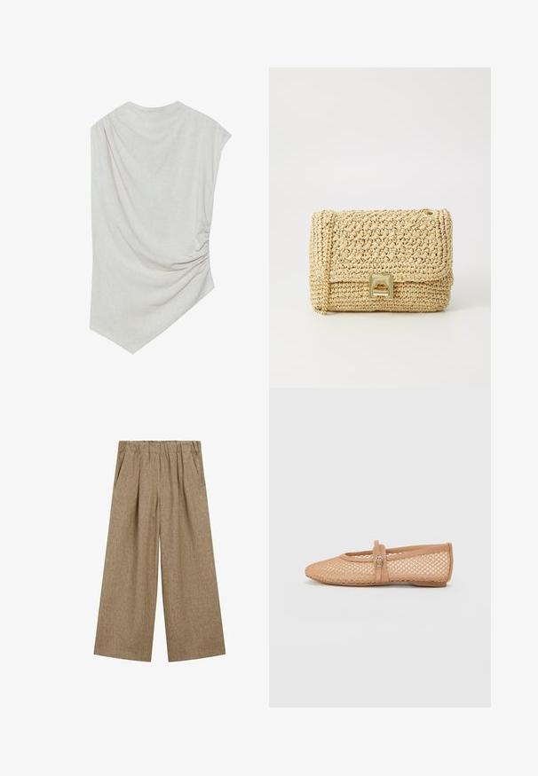 Lys beige top med en rund halsudskæring, asymmetrisk kant og samlede detaljer på den ene side. Fremstillet af et blødt, struktureret stof.; Brede bukser i lysebrunt stof med tekstureret overflade, der har en elastisk talje og sidelommer.; Nude mesh balletflade med spidse tæer, lukket hæl og et dekorativt bånd med en spænde hen over vristen. Struktureret overflade.; Vævet strå crossbody taske i beige, med en fold-over flap, metalspænde og kædestrop. Struktureret overflade med et ensartet mønster.