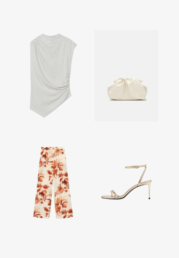 Lys beige top med en rund halsudskæring, asymmetrisk kant og samlede detaljer på den ene side. Fremstillet af et blødt, struktureret stof.; Vide benbukser i et let materiale, der har en off-white bund med store rustfarvede bladmønstre og en glat tekstur.; Guldmetallic højhælede sandal med en tynd rem omkring anklen, åben tå og slanke krydsremme. Blank finish med sort sål.; Cremefarvet, blødt kunstlædertaske med sammenkrøllede detaljer, justerbar rem og diskret snørelukning. Glat overflade og afrundet form.