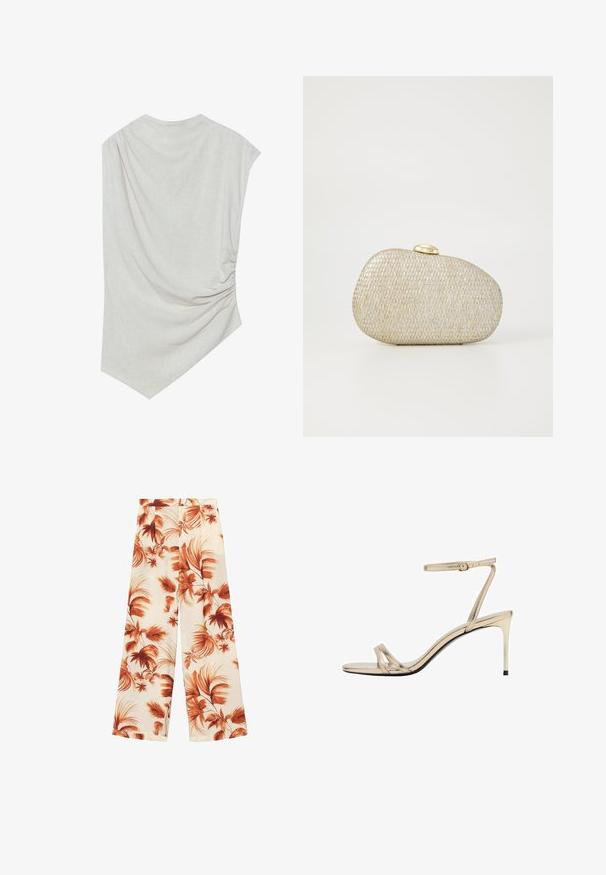 Haut beige clair avec un col arrondi, un ourlet asymétrique et des détails froncés d'un côté. Fabriqué en un tissu doux et texturé.; Pantalons à jambes larges en tissu léger, présentant une base écrue avec de grands motifs de feuilles en couleur rouille et une texture lisse.; Sandale à talon haut métallisée dorée avec une fine lanière autour de la cheville, ouverte à l'avant et avec des lanières croisées élancées. Fini brillant avec une semelle noire.; Clutch texturé en or et argent métalliques au формы arrondie et à fermoir doré lisse. Présente un design tissé sur l'ensemble.