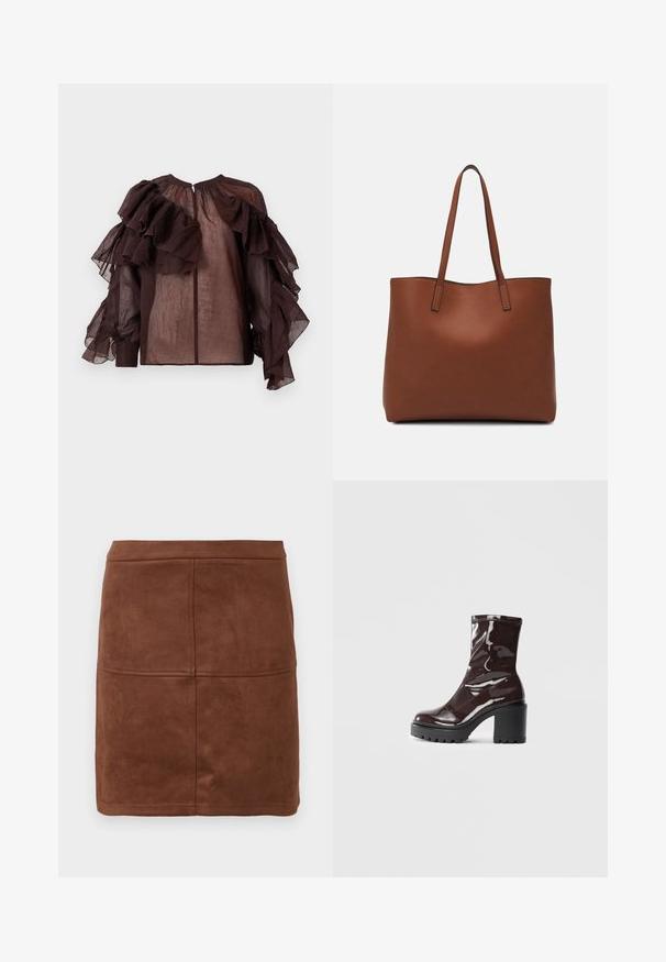 Temno prosojna bluzica z voluminoznimi plastmi volanov na rokavih in zgornjem delu prsi, nabranim dekoltejem in z gumbom na hrbtni strani.; Rjava nubuk mini krilo z gladko teksturo, z fitted oblikovanjem in subtilnimi šivi za dodatno podrobnost.; Sijajan škrlatank z bleščečim videzom, z masivnim črnim peto, ki se ponaša z gladko teksturo in preprostim dizajnom. Brez vidnih zapenjal ali vzorcev.; Rjava usnjena torba z gladko teksturo, odprto zasnovo zgoraj in dvema naramnima trakovoma. Opremljena je z minimalnim šivanjem in brez vidnih kovinskih delov.