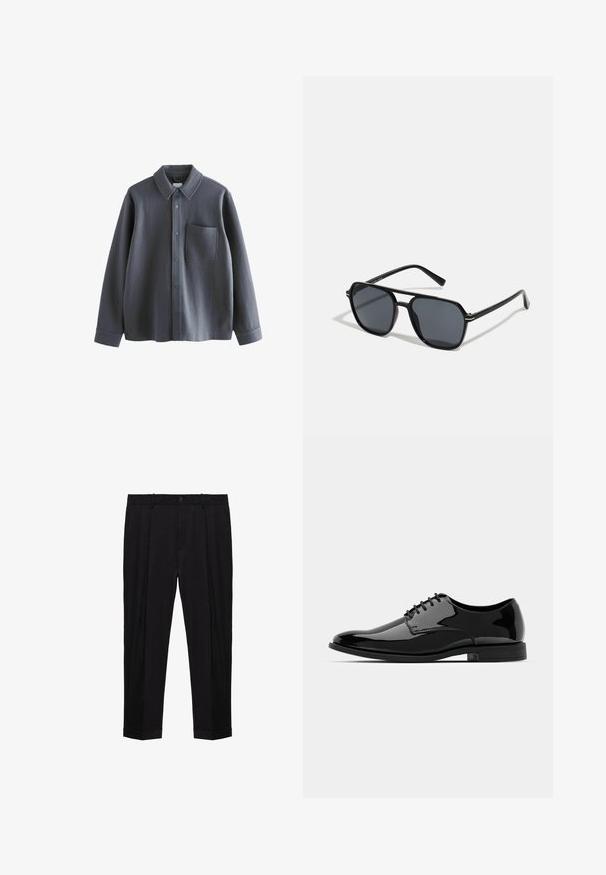 Grijze button-up overhemd gemaakt van ribbelstof, met een kraag, borstzak en contrasterende knopen. Lange mouwen met manchetten.; Zwarte op maat gemaakte broek met riemlussen, sluiting met voorste knoop en rits, plooien en omgeslagen broekspijpen.; Zwarte gepatineerde leren jurkchoenen met een ronde neus, vetersluiting en een glad, glanzend oppervlak. Voorzien van een laagprofiel rubberen zool.; Zwarte zonnebril met een octagonaal frame, donkere lenzen, glanzende afwerking, dunne tempels en gouden accenten aan de voorkant.