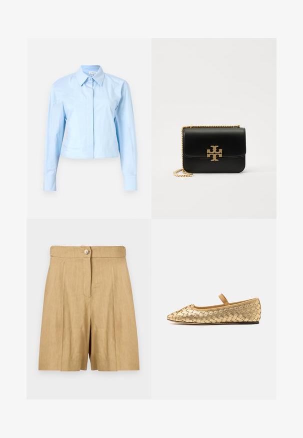 Camicetta azzurra chiara a maniche lunghe, cropped, con colletto a camicia, realizzata in tessuto morbido. Presenta una chiusura frontale e polsini strutturati.; Pantaloni corti di lino beige con cintura strutturata, un singolo bottone frontale e due pieghe frontali per un look sartoriale.; Loeffler Randall LEONIE SOFT BALLET FLAT - Ballerine con cinturino - gold; Borsa in pelle nera con tracolla in catena dorata e accentuazione del logo. Presenta una forma rettangolare con una patta pieghevole. Texture liscia.