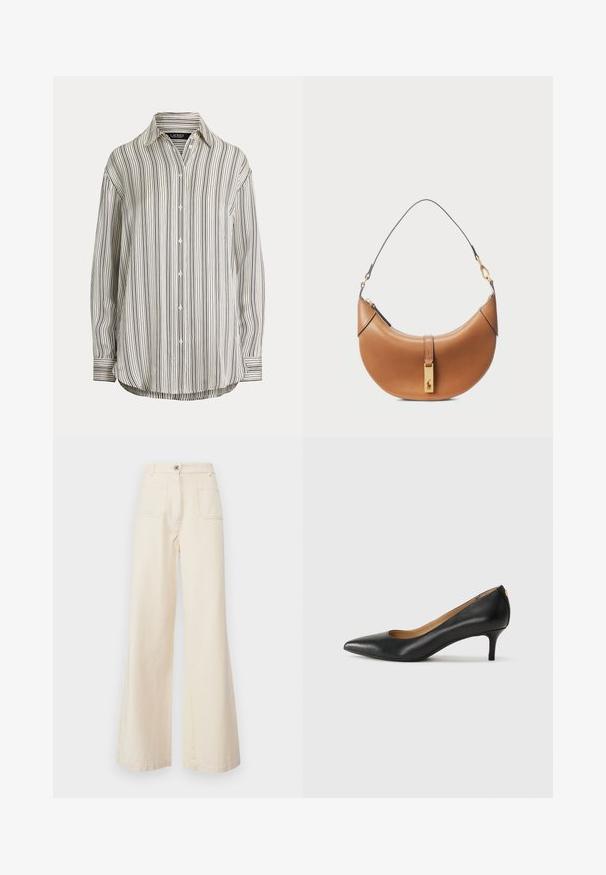 Camicia button-up in tessuto leggero, con righe verticali bianche e nere, colletto a punta, maniche lunghe e orlo arrotondato.; WEEKEND MaxMara FILTRO - Pantaloni - ecru; Décolleté in pelle nera con punta affilata, tacco basso e texture liscia. Presenta un leggero apertura sulla parte anteriore e hardware minimale sul retro.; Borsa a tracolla in pelle color nocciola con forma curva, hardware dorato e tracolla sottile. Presenta una chiusura con zip e dettagli con logo sulla parte anteriore.