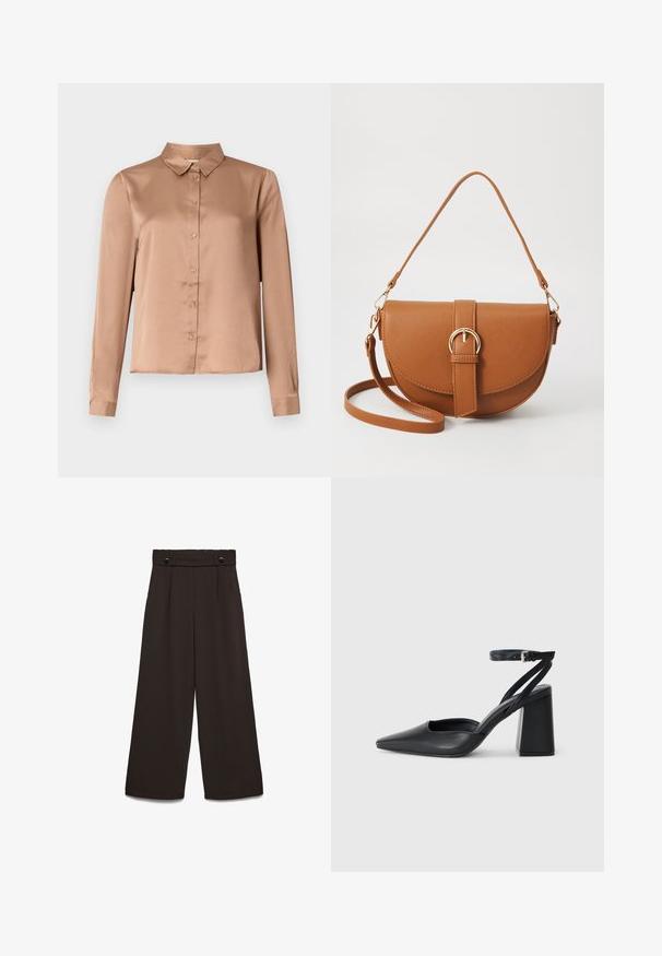Långärmad blus i ljusbrun satin, med krage, knäppning fram och skräddarsydd passform med rak nederkant.; Vida byxor i mörkbrunt tyg med hög midja, två framfickor och två framknappar för stängning. Slät textur.; Svart läderpumps med spetsig tå, ankelrem och kraftig klack. Slät textur, stilren design och minimalistisk estetik.; Brun läder crossbody-väska med en böjd form, gyllene detaljer och en spänneaccent. Har en avtagbar axelrem.