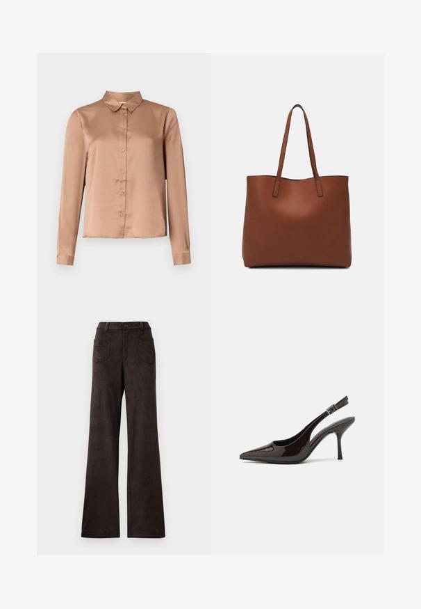 Long-sleeve blouse in light brown satin, featuring a collared neckline, button front, and tailored fit with a straight hem.; Brown wide-leg trousers made of soft, textured fabric. Features include a button closure and two front pockets.; Slingback high-heeled shoe in glossy dark brown patent leather, pointed toe, open sides, and adjustable ankle strap.; Brown leather tote bag with a smooth texture, open top design, and two shoulder straps. Features minimal stitching and no visible hardware.