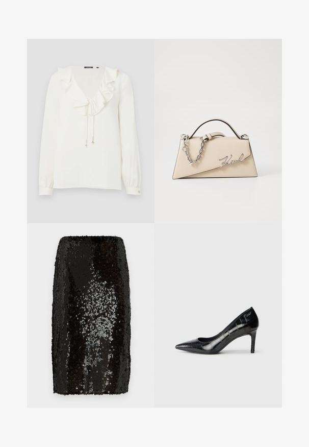 Vit blus med V-ringning, volangkrage och dragsko med silverdetaljer; långa ärmar med knäppning vid handlederna. Mjuk tygtextur.; Svart paljettpencilkjol med en åtsittande design. Har täta, reflekterande paljetter som skapar en texturerad yta. Slät innertyg.; Svarta spetsiga högklackade skor med glansig yta och subtilt mönster. Har en måttlig klack och öppen halsdesign.; Beige läderhandväska med en strukturerad, triangelformad design, med ett silverkedjehandtag och en kursiv logotyp i metall.