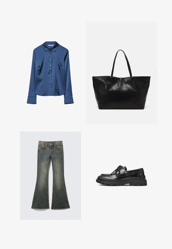 Svetlo modra satenska srajca z dolgimi rokavi, ovratnikom, sprednjimi gumbi in stranskimi žepi. Gladka tekstura in krojen fit.; Razširjene jeans hlače v zbledeli modri barvi s klasičnim petim žepnim dizajnom, ki imajo rahlo teksturo in vidne šive.; Črne usnjene čolnarske čevlje z zaobljenim nosom, zavezovanjem, šivanimi detajli in robustnim gumijastim podplatom z teksturiranim vzorcem.; Črna tkanina torba s trdnimi ročaji, ki ima sijočo teksturo in prostoren odprt zgornji dizajn.