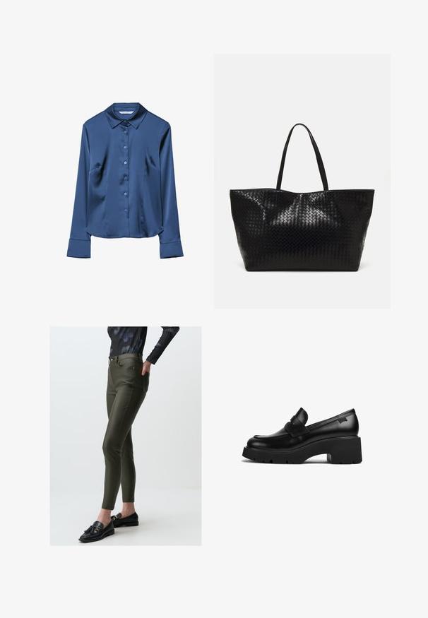 Granatowa satynowa koszula z długim rękawem, z kołnierzykiem, guziczkami z przodu i kieszeniami po bokach. Gładka tekstura i dopasowany krój.; Oliwkowe, dopasowane spodnie o błyszczącej fakturze, średnio wysoki stan, przednie kieszenie i subtelne detale przeszycia. W połączeniu z czarnymi loafersami.; Czarne skórzane loafery na grubej podeszwie z szerokim obcasem i paskiem na górze, zaprezentowane z boku na białym tle.; Czarna pleciona torba na ramię z dwoma mocnymi uchwytami, charakteryzująca się błyszczącą powierzchnią i przestronnym otwartym topem.