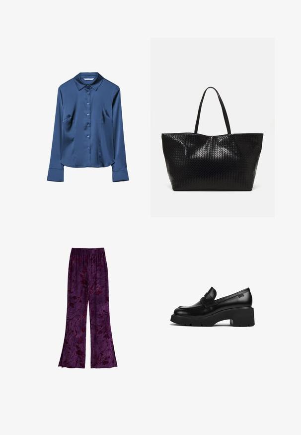 Navy blue satin long-sleeve shirt with a collar, front buttons, and side pockets. Smooth texture and tailored fit.; Purple flowy pants featuring a floral pattern in darker shades, made from a lightweight fabric with an elastic waistband. Flared design.; Black leather chunky-heeled loafer with thick sole and a strap detail across the top, shown from the side on a white background.; Black woven tote bag with two sturdy handles, featuring a glossy texture and a spacious open top design.