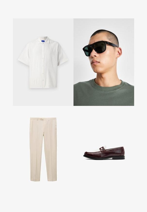 Kurzarm, weißes Hemd mit Knöpfen, aus leichtem Stoff, mit klassischem Kragen und subtiler Textur. Die Knöpfe sind gleichmäßig platziert.; Beige maßgeschneiderte Hose mit geradem Schnitt, ausgestattet mit einem Knopfverschluss am Bund, zwei Eingrifftaschen und flachem Frontdesign.; AllSaints HARMON - Slipper - red; Schwarze rechteckige Sonnenbrille mit dunklen Gläsern, die eine markante Form und eine Markierung am Bügel aufweist. Getragen von einer Person in einem grünen Hemd.