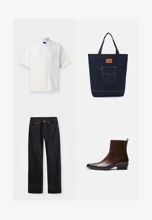 Kortermet, hvit skjorte med knapper, laget av lett stoff, med klassisk krage og subtil tekstur. Knapper er jevnt plassert.; Men's straight-leg svarte denim jeans med fem lommer og oransje søm, knapp og glidelås lukking foran på midjen.; Brune lær ankle boot med spiss tå, elastiske sidepaneler, teksturert detaljering foran, og lav stabil hæl.; Mørkeblå denim totebag med to håndtak, synlige sømmer og en frontlomme med et klassisk logo-lapp.
