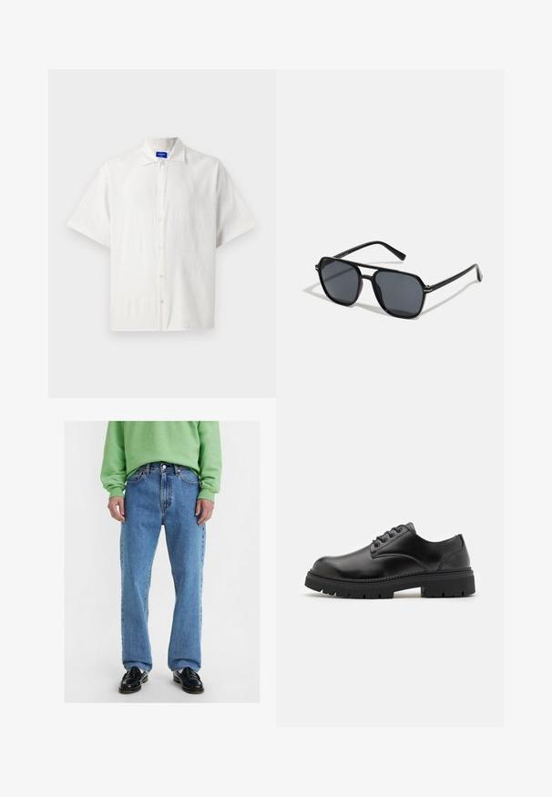 Kratke rokave, bela srajca s gumbi, izdelana iz lahkega materiala, z klasičnim ovratnikom in rahlo teksturo. Gumbi so enakomerno razporejeni.; Svetlo modri hlače z ravnimi nogavicami s klasično pet-pocket zasnovo, narejene iz trdnega jeansa in z kontrastnim šivanjem.; Črne usnjene čevlje s podolgovatim prstom, z vezalnim dizajnom in debelim, teksturiranim gumijastim podplatom. Imajo šivanje ob robu in gladko površino.; Črne sončne naočniki z oktagonalnim okvirjem, temnimi lečami, sijočo površino, tankimi nogicami in zlatimi detajli spredaj.