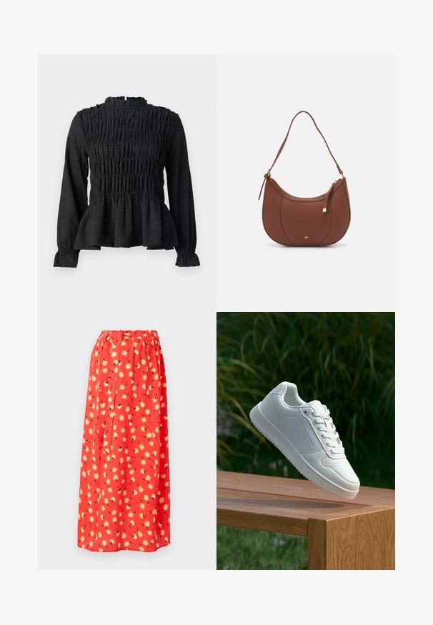 Camisola longa preta com detalhe franzido, gola alta e bainha peplum com flare. Feita de tecido texturizado com punhos franzidos.; Saia maxi vermelha feita de tecido leve, com um padrão floral de margaridas amarelas e detalhes em preto. Cintura elástica para maior conforto.; Sapatilha branca com um cabedal sintético liso, caixa dos dedos perfurada, atacadores planos e uma sola texturizada, exposta sobre uma superfície de madeira.; Mala de ombro em pele sintética castanha com forma curva, costura minimalista e detalhe em metal dourado. Apresenta fecho de zíper no topo e alça ajustável.