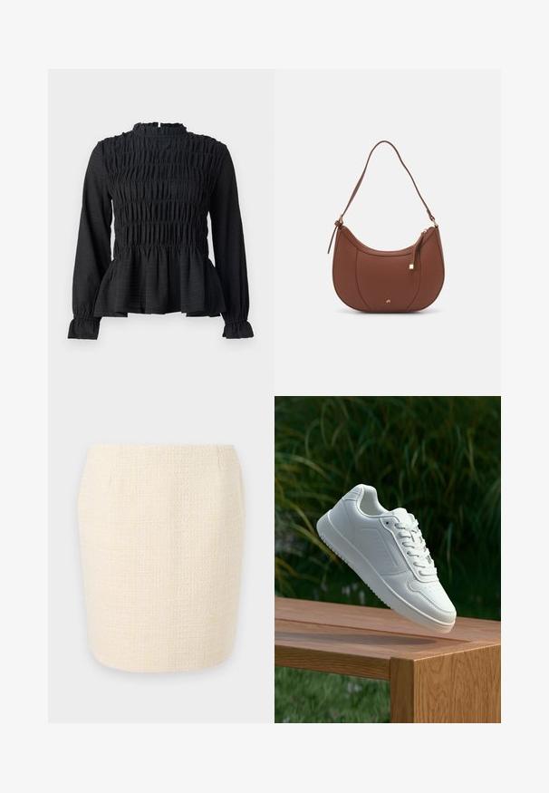Svart langermet topp med smockdetaljer, høy hals og flagrende peplum-bunn. Laget av teksturert stoff med volanger på ermene.; Vevd kremfarget blyantskjørt med en teksturert overflate, som har en rett silhuett og subtile vertikale linjer gjennom hele skjørtet.; Hvite sneakers med en glatt syntetisk overdel, perforert tåboks, flate snørebånd og en teksturert såle, vist på en treflate.; Brun kunstlæder skuldertaske med buet form, minimal syning og detaljer i guld-tonet hardware. Har en top lynlås lukning og justerbar rem.
