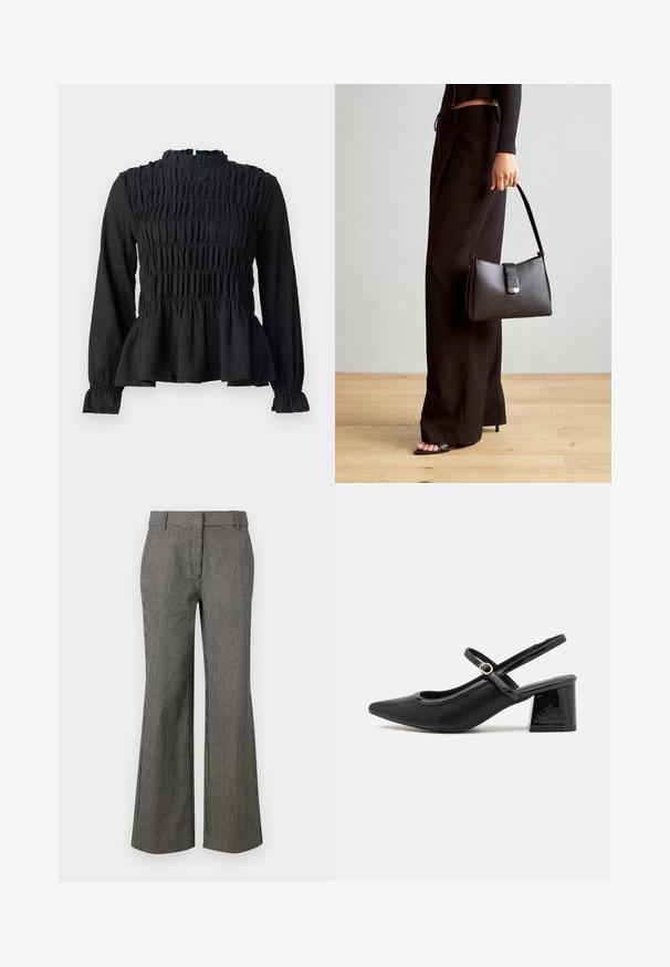 Črn dolg rokav top z smock detajli, visokim ovratnikom in širokim peplum robom. Narejen iz teksturirane tkanine z nabranimi manšetami.; Črno-bele široke hlače z naramnicami. Narejene so iz lahkega materiala z gladko teksturo. Imajo pas in sprednje žepe.; Črne patentne usnjene salonarce s slingback obliko, s koničastim nosom, zaobljenim izrezom in blok peto. Imajo zlato kovinsko zaponko kot dodatno okrasje.; Črna torbica z strukturirano obliko, gladko teksturo in kovinskim zaponko. Ujemajo se z širokimi črnimi hlačami in odprtimi sandali na lesenem tleh.