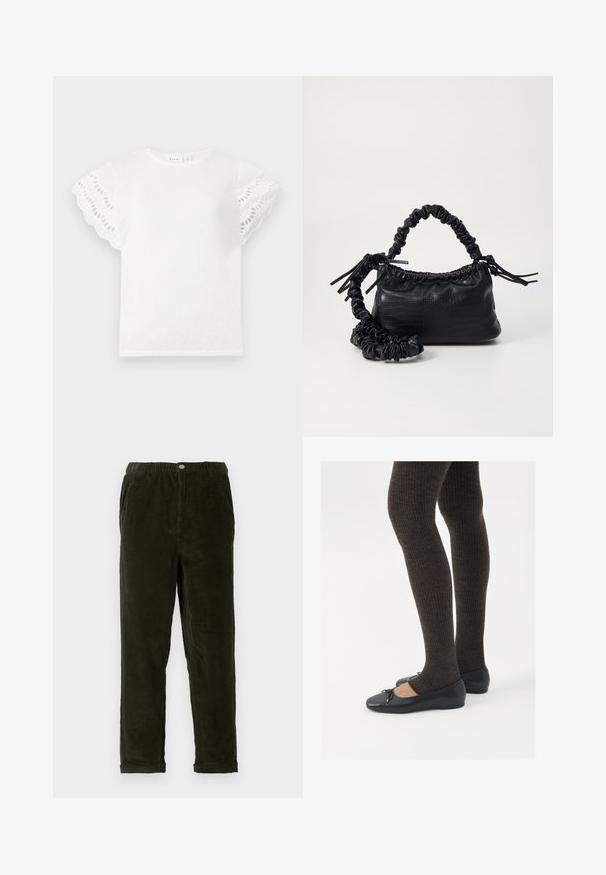 White t-shirt with short, scalloped sleeves featuring eyelet cutouts. Soft fabric, round neck, and simple design with no additional embellishments.; Dark green corduroy pants with a textured finish, featuring an elastic waistband, front pockets, and tapered legs.; Black flat shoes with a small bow detail at the toe, paired with dark brown ribbed tights. Shoes have a smooth texture and low profile.; Black faux leather handbag with a crocodile texture, cinched top, and a scrunched strap. Appears soft and compact in design.