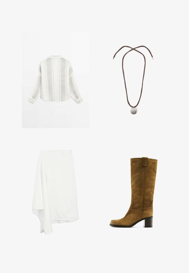 Long-sleeve shirt in light gray and white, featuring vertical stripes, a collar, and buttoned cuffs. Made from a textured, lightweight fabric.; Asymmetrical white skirt made of soft, lightweight fabric; frayed hem detail; smooth texture; drapes elegantly on one side.; Brown suede knee-high boot with a square toe and block heel. Features a side panel and pull tab at the top for easy wear.; Necklace with a brown cord and a silver oval pendant. The pendant has a smooth surface and a slight indentation in the center.